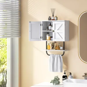 2-Door Bathroom Wall-Mounted Medicine Cabinet with Open Shelf and Towel Rack-White