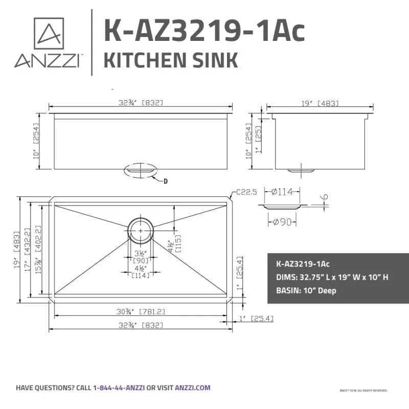 ANZZI Aegis Undermount Stainless Steel 32.75 in. 0-Hole Single Bowl Kitchen Sink with Cutting Board and Colander