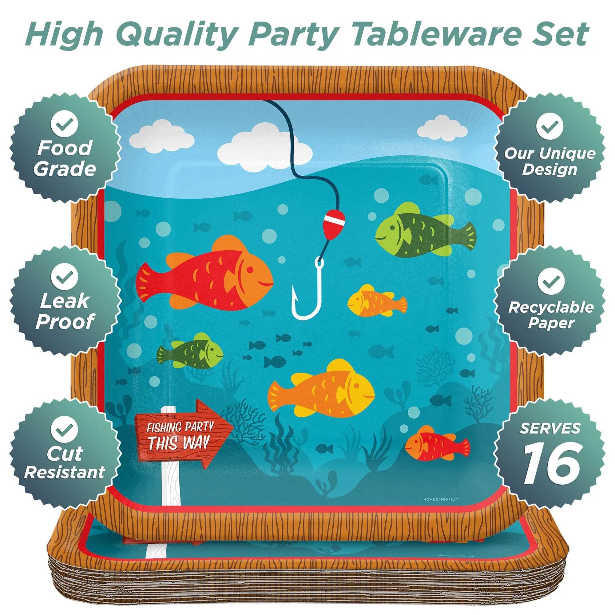 Camping and Fishing Party Supplies - Fisherman Square Paper Dinner Plates for 16 Guests