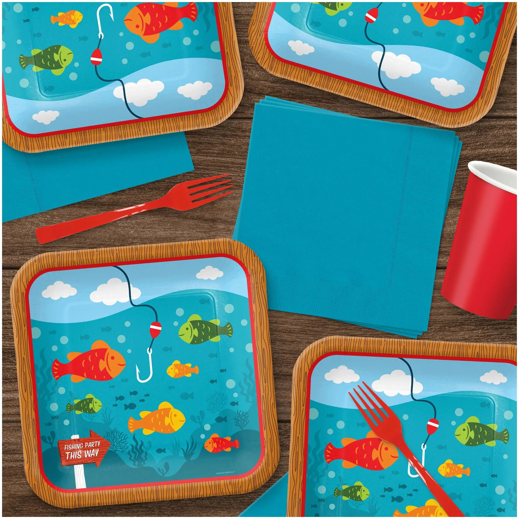 Camping and Fishing Party Supplies - Fisherman Square Paper Dinner Plates for 16 Guests