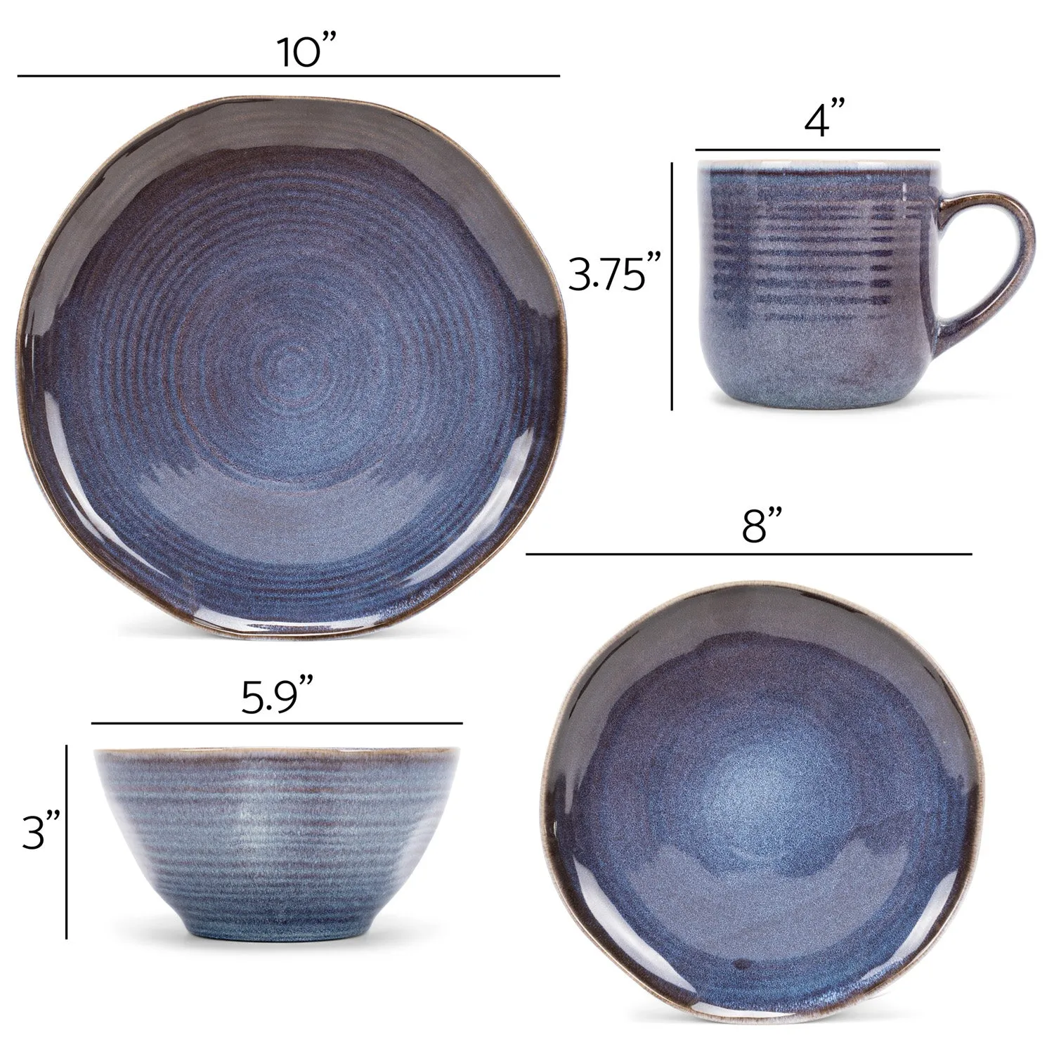 Elanze Designs Reactive Glaze Ceramic Stoneware Dinnerware 16 Piece Set - Service for 4, Purple Ombre Blue