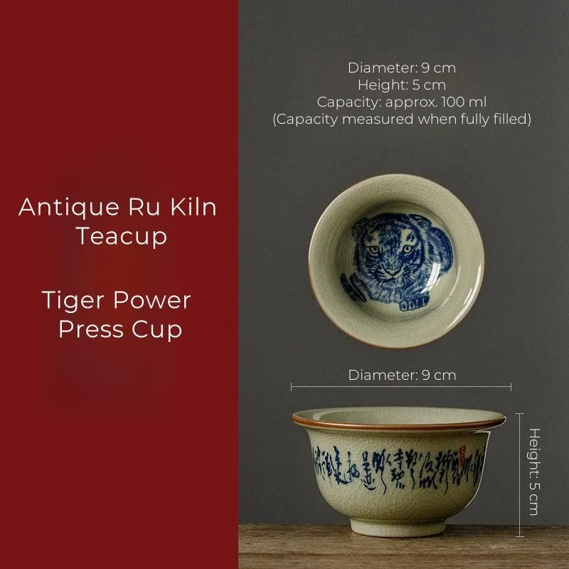 Hand-Painted Fu Tiger Ceramic Cup – Artisan Tea Bowl with Rich Symbolism