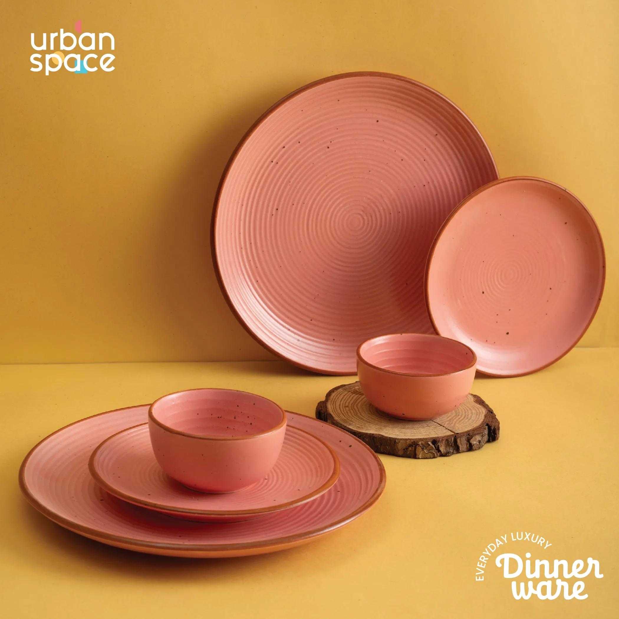 Handmade Ceramic Full dinner set for 2, 2 pieces each of dinner plate, quarter plate and katori bowls, Set of 6, Warm Pink