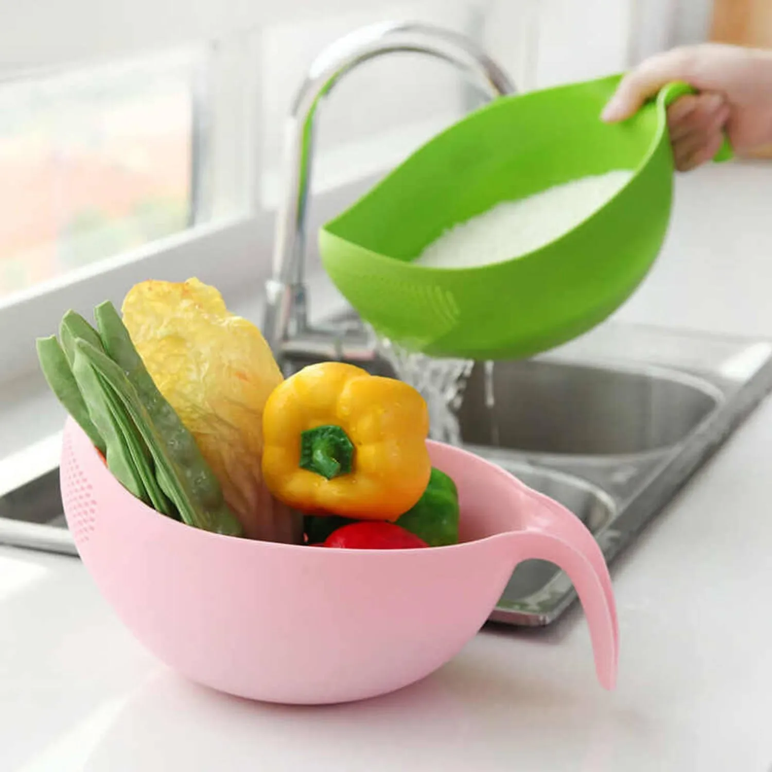 Plastic Rice Bowl / Food Strainer Thick Drain Basket with Handle for Rice, Vegetable & Fruit. (1Pc)