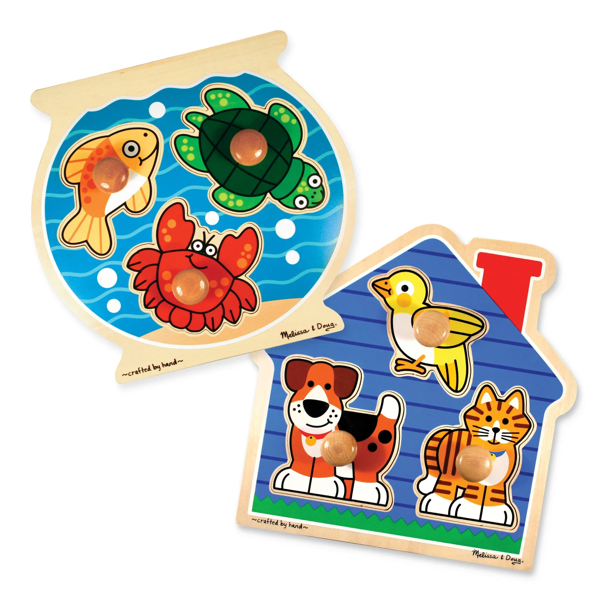 Wooden Jumbo Peg Puzzle 2-Pack: Fish Bowl, House Pets