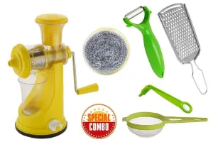 Your Brand Mix Combo - Manual Fruit Juicer, Vegetables Grater, Vegetable/Fruit Peeler, Vegetables Spiral Cutter/Spiral Knife, Big Tea Strainer Sieve, Kitchen Scrubber (6pcs)